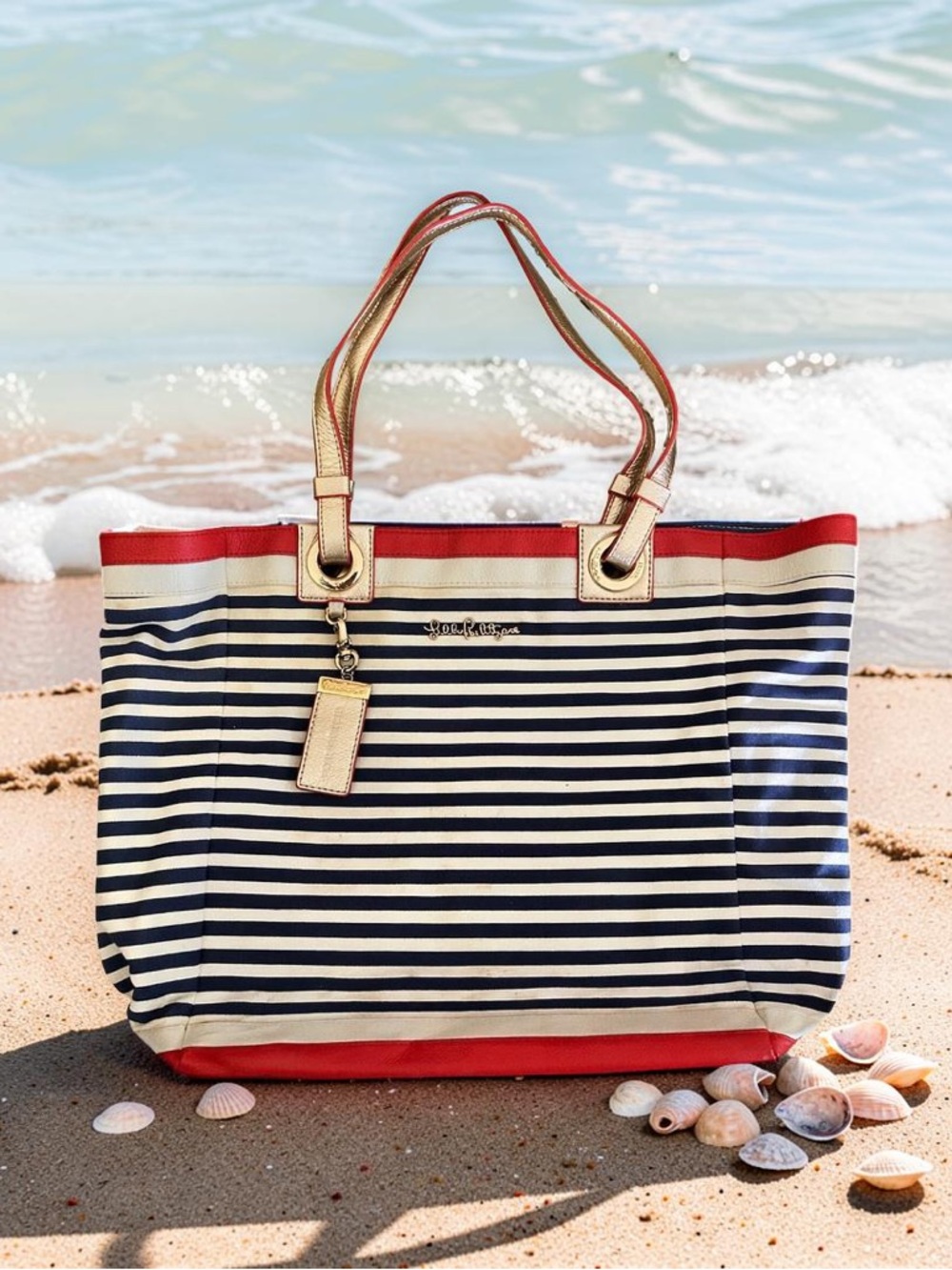 LILLY PULITZER Tote Bag Making Waves Striped Canvas Gold Leather Trim Red Blue